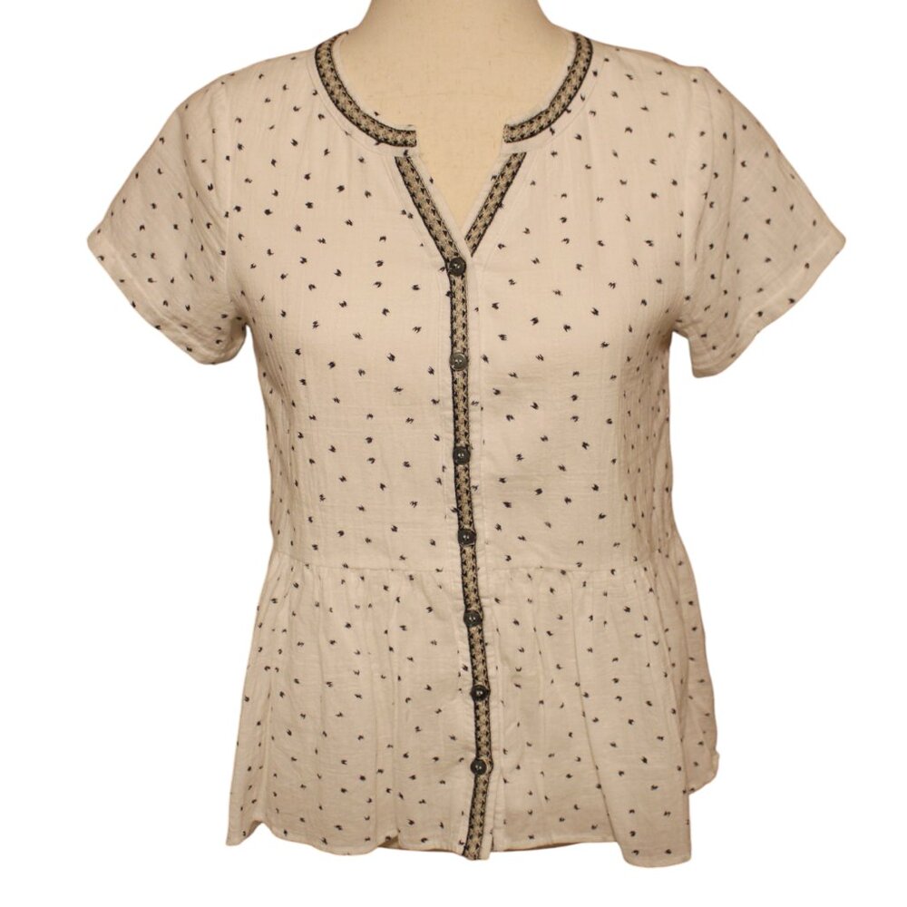 Roolee Women’s Blouse- Short Sleeve in White with Blue Accents Size-S